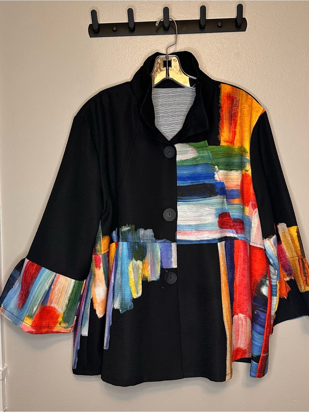 Damee Black Coat with Multicolor Abstract Brushstroke Print